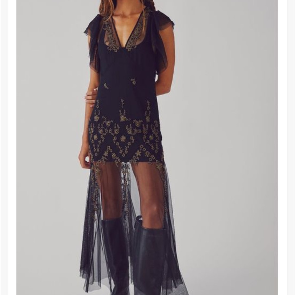New Free People Annabelle Embellished Lg Black Gold Beaded Maxi Top Slip Dress